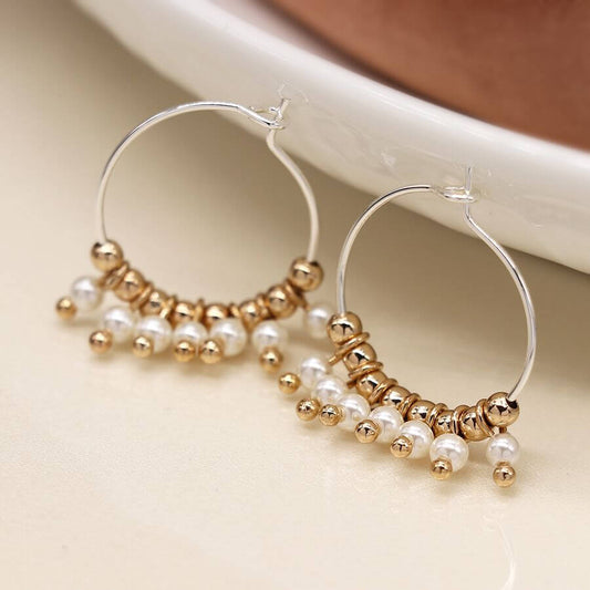 POM - Silver plated wire hoop, pearl and golden bead earrings