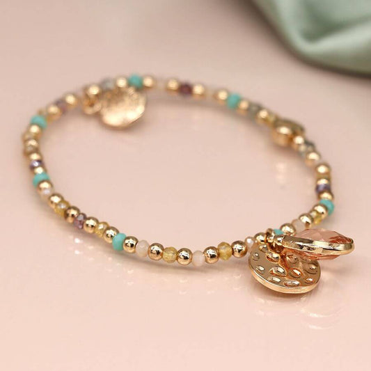 POM - Golden and aqua mix bead bracelet with disc and crystal