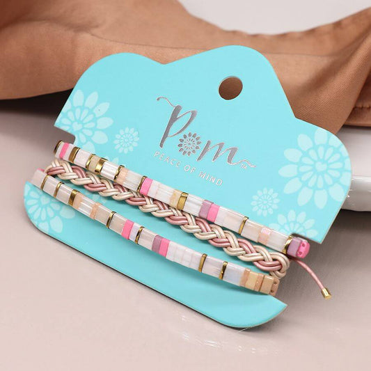 POM - Pastel pink mix bead and plait triple bracelet set
