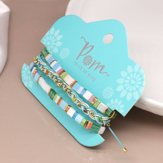 POM - Aqua blue mix bead and plait triple bracelet set