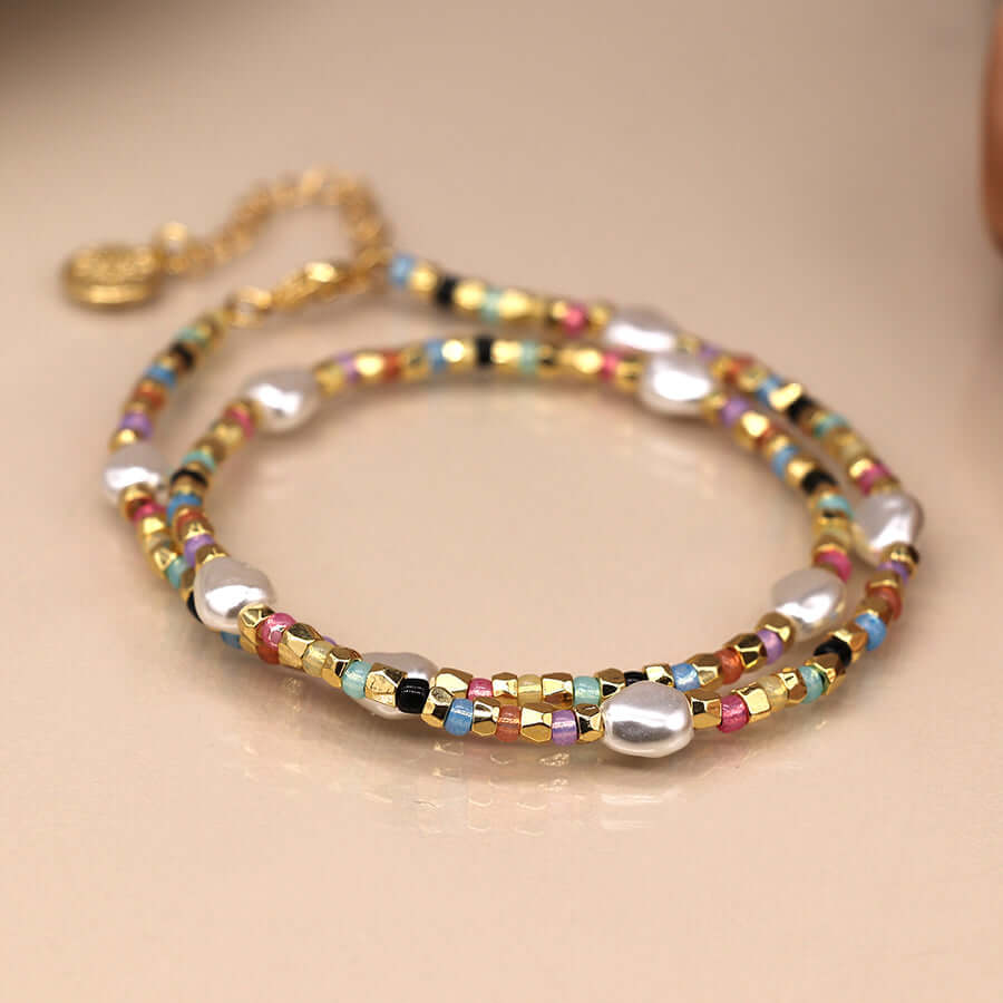 POM925 - Multicolour glass bead gold and pearl necklace