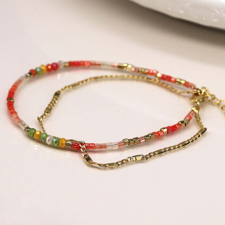 POM925 - Coral beads and golden chain layered bracelet