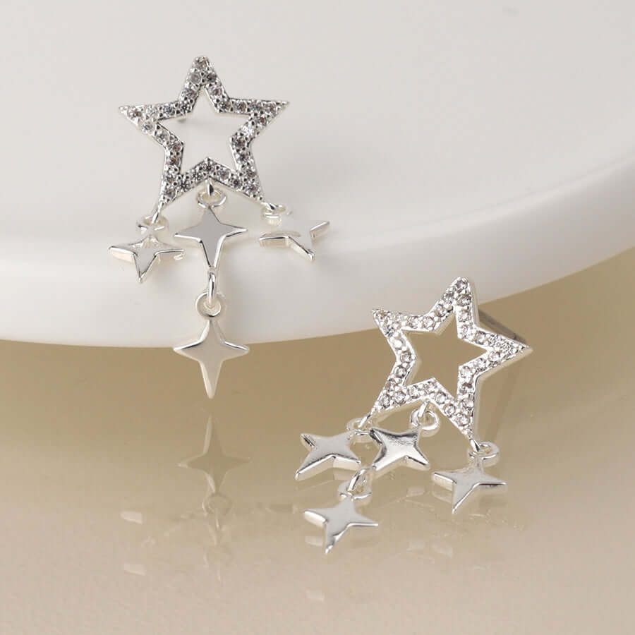 POM - Silver plated crystal star and star drops earrings