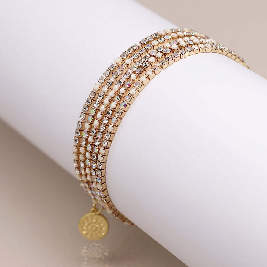 POM - Golden multistrand cream mix crystal bracelet stack