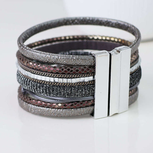POM925 - Grey textures and crystal beads multistrand bracelet