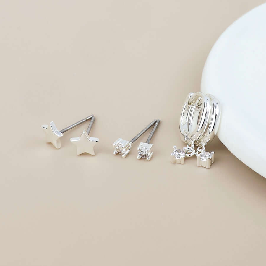 POM925 - Nat silver plated star, hoop and crystal triple earrings set