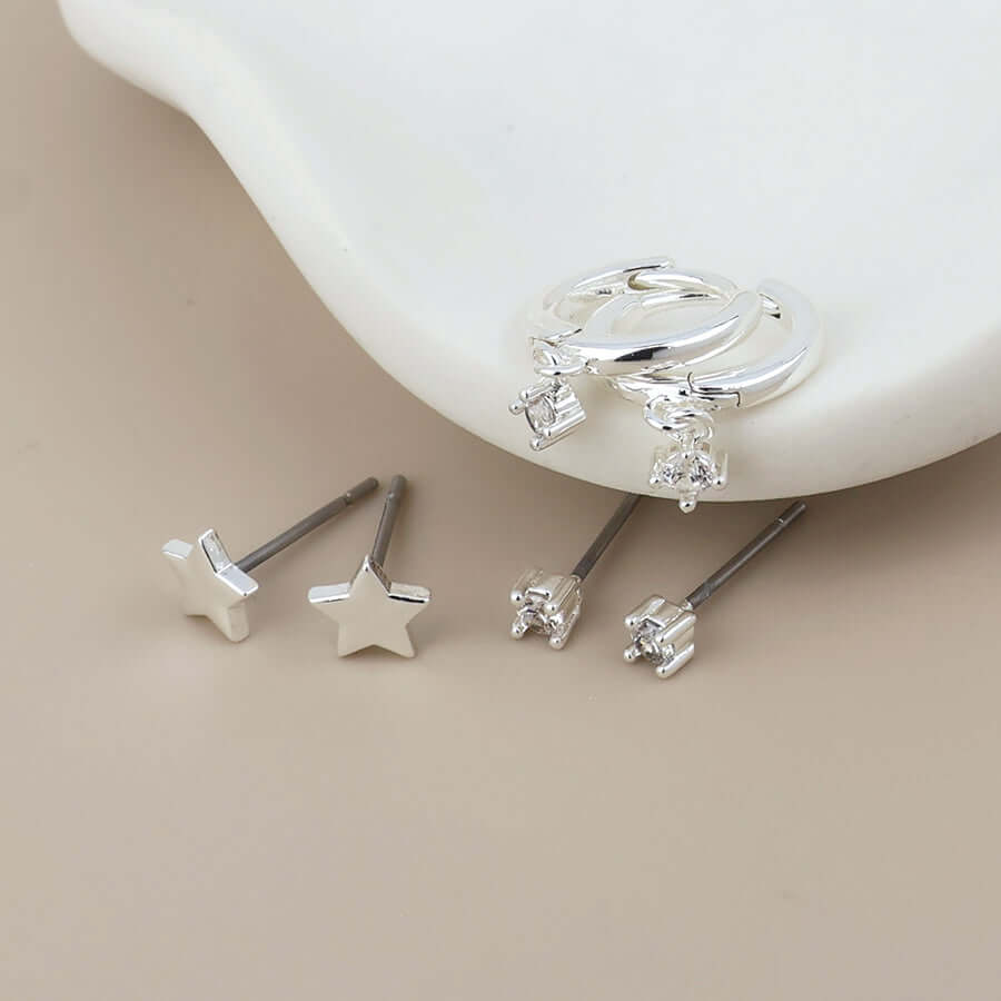 POM925 - Nat silver plated star, hoop and crystal triple earrings set