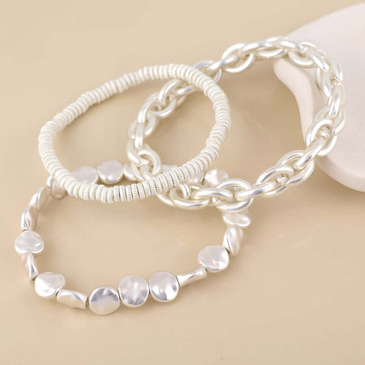 POM925 - Ravel silver plated matt finish triple mixed bracelet set