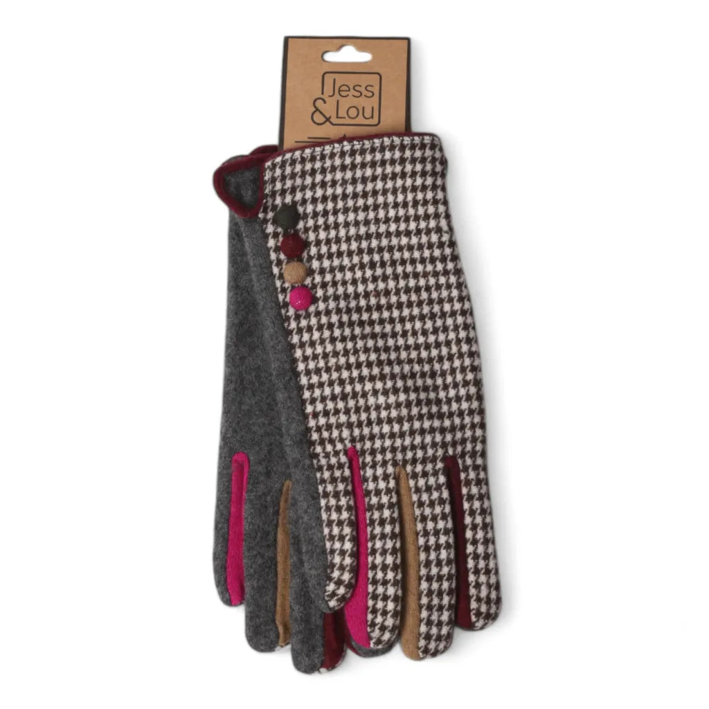 Jess & Lou - Grey Buttoned Dogtooth Gloves