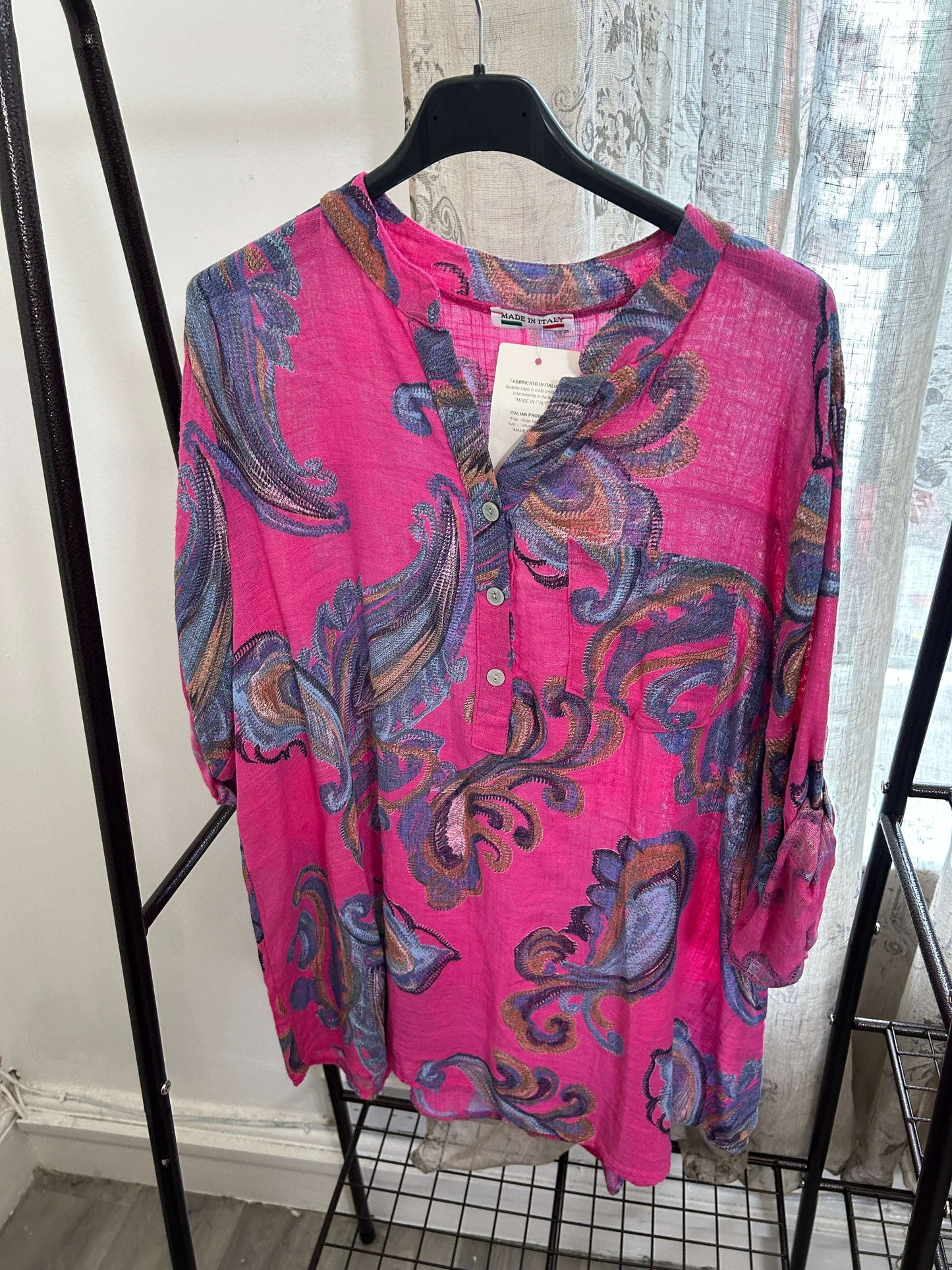 Casual 3 Button Blouse - Paisley Leaf Print