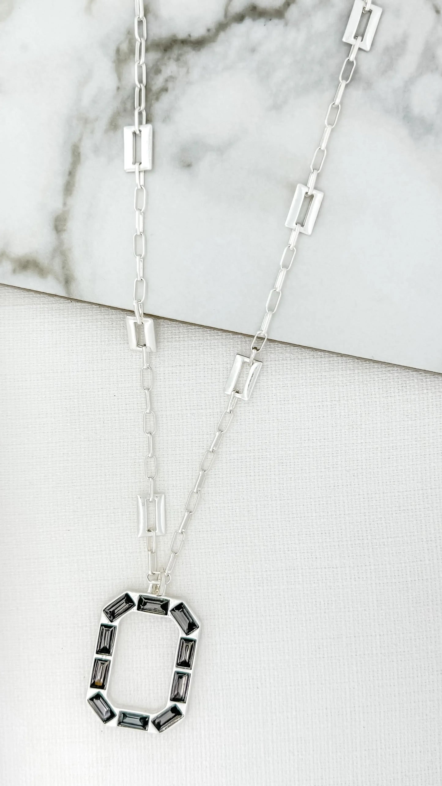 Envy Jewellery - Long silver link chain necklace with a large oval and grey pendant