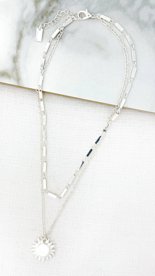 Envy Jewellery - Short silver double layer necklace with sunburst pendant