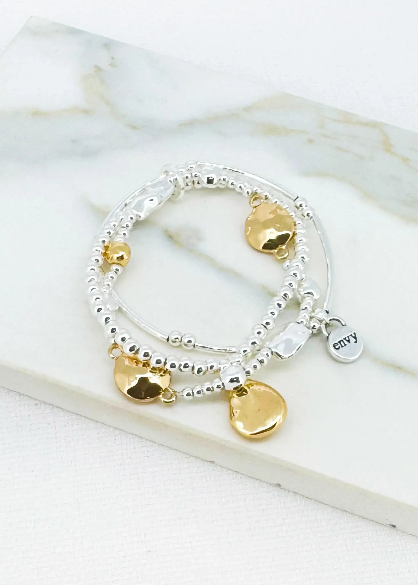 Envy Jewellery - Silver triple layer bracelet with gold bead design