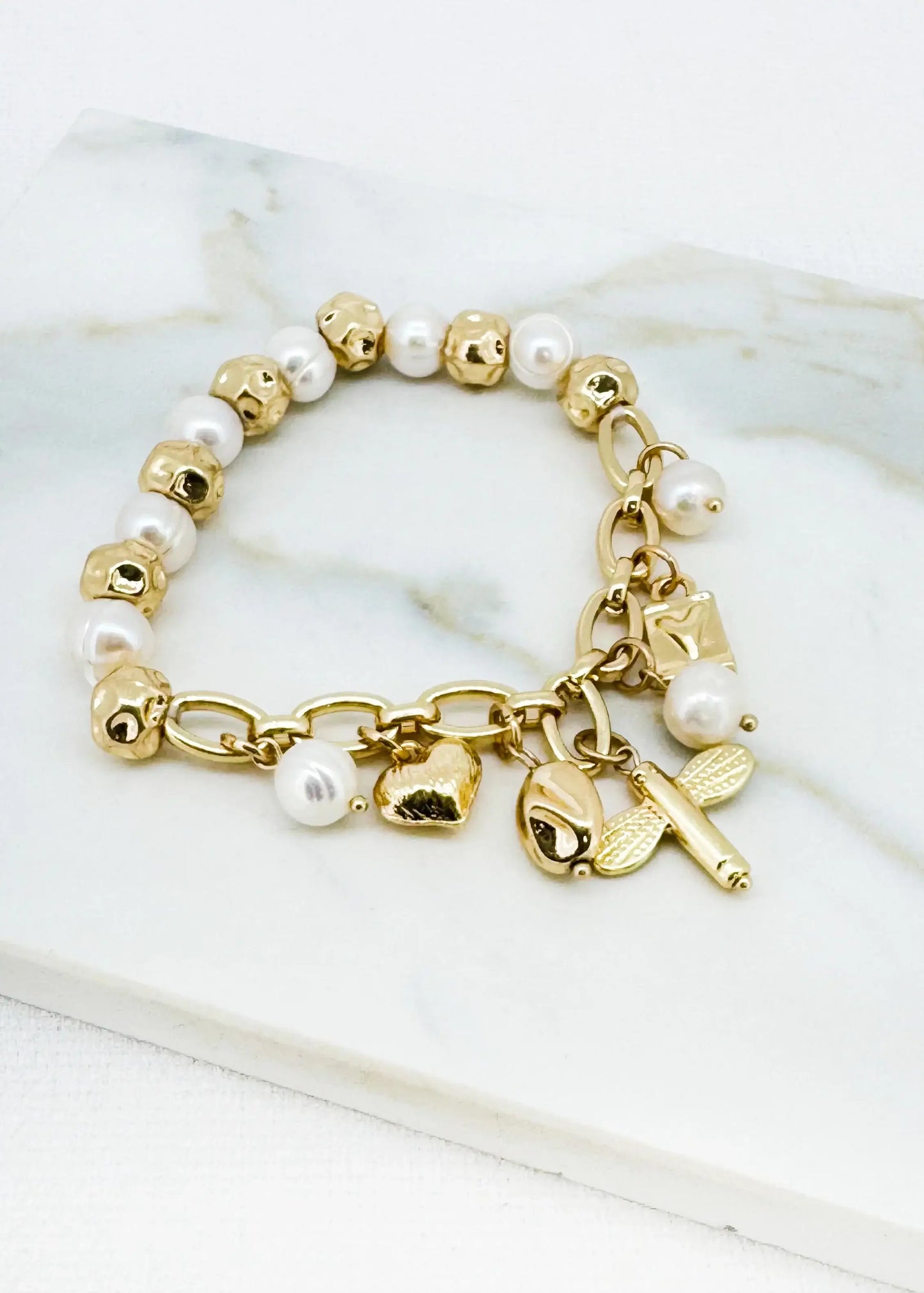 Envy Jewellery - Elasticated gold and pearl ball charm bracelet