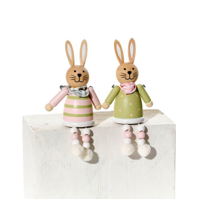 Bunny Hops Wood Bunny Shelf Sitter with Dangly Legs Asst Pink & Green