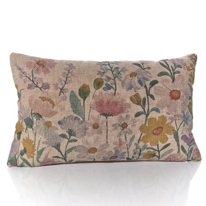 Cottage Garden Linen/Flax Blend Mixed Flowers Printed Rectangular Cushion