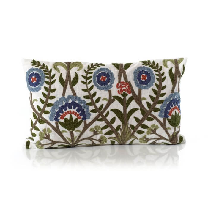 Flourish And Foliage Cotton Folk Floral Embroidered Rectangular Cushion