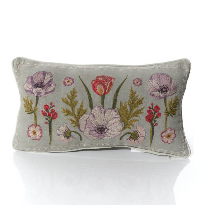 Floral Seranade 100% Cotton Mixed Flowers Embroidered Rectangular Cushion