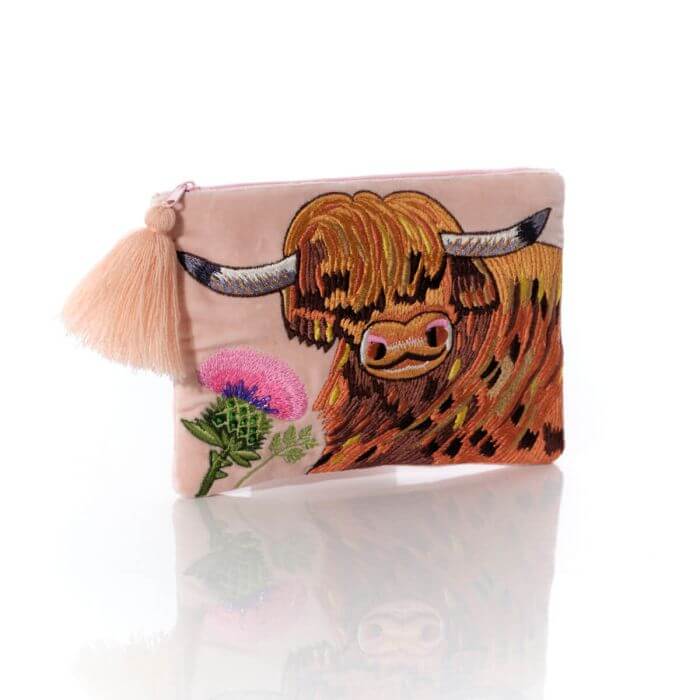 Highland Cow and Thistle Velvet Pouch