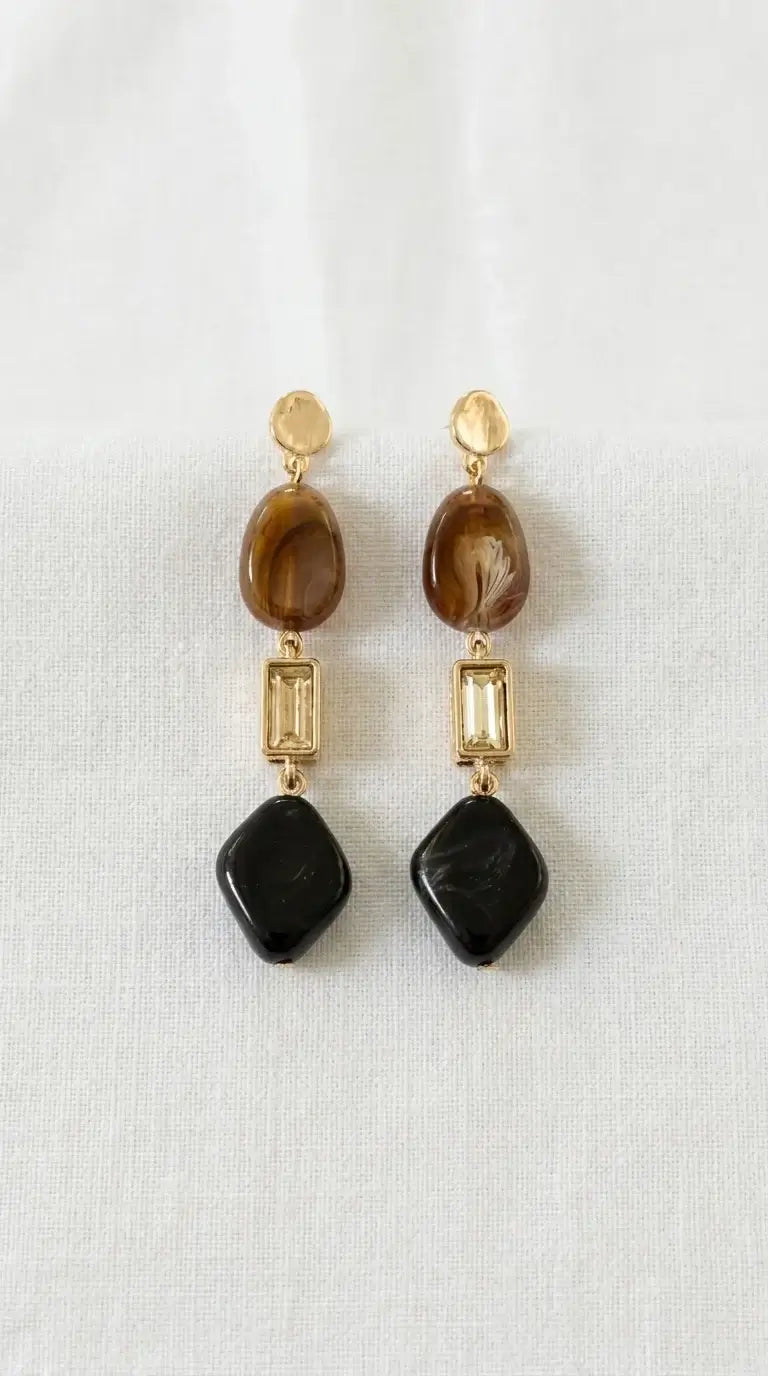 Envy Jewellery - Gold, brown, black and crystal dropper earring