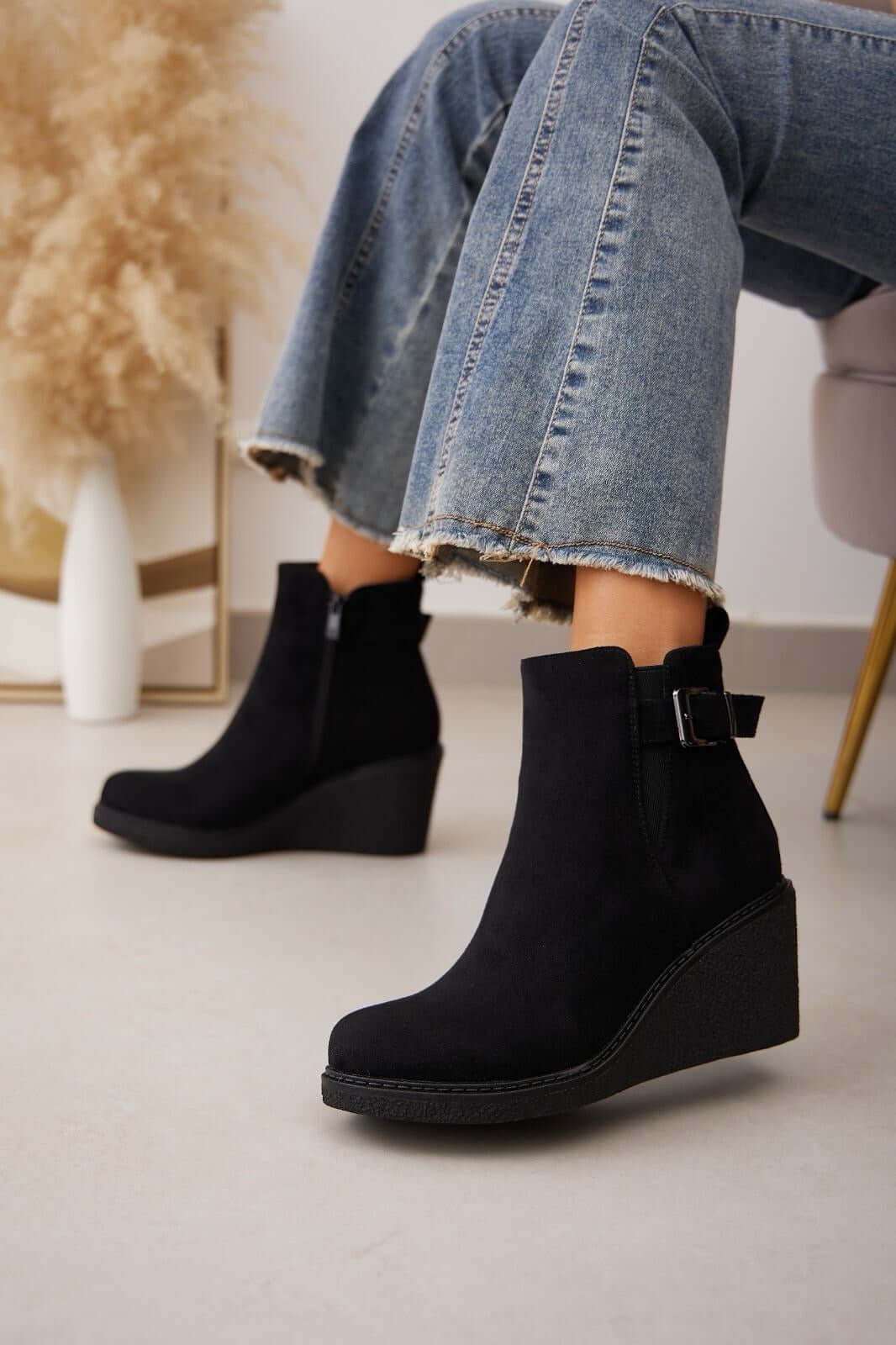 Heeled Wedge Faux Suede Boot Black