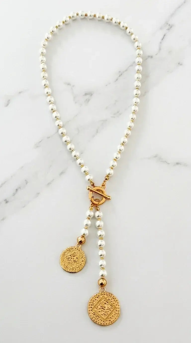 Envy Jewellery - Short white bead necklace with gold coin pendants