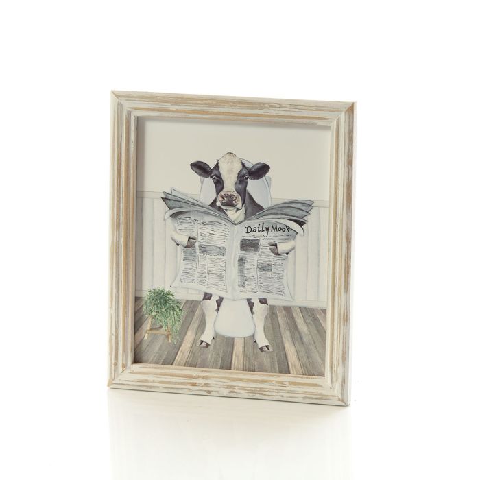 Cow Reading the Paper on the Toilet Wood Printed Plaque