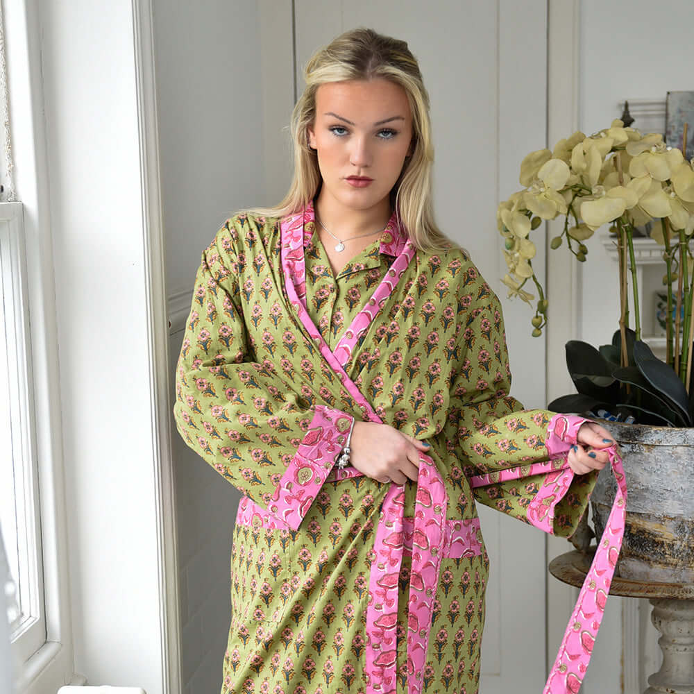 Powellcraft - Lime Green & Pink Small Block Print Dressing Gown