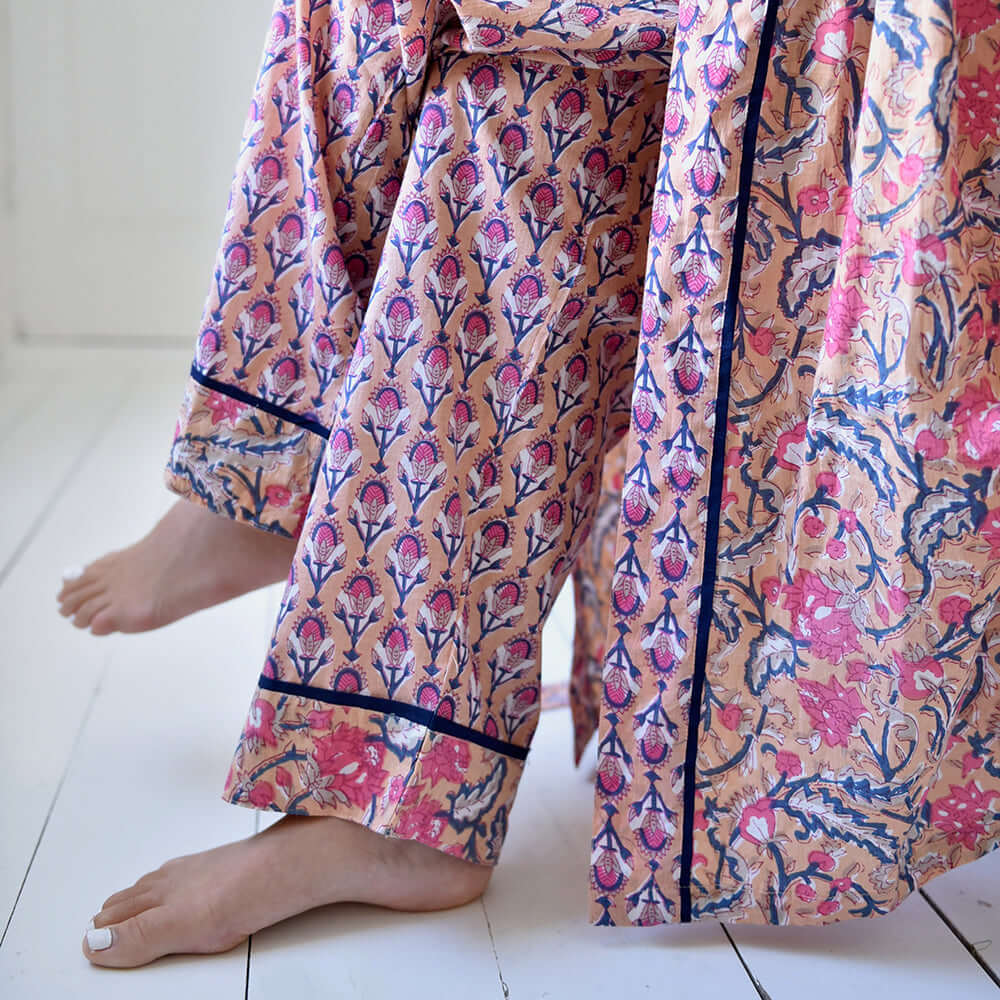 Powellcraft - Apricot, Navy & Persian Red Mixed Block Print Dressing Gown
