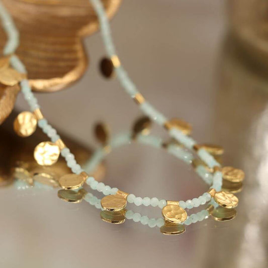 POM - 14 carat gold plated discs and amazonite bead necklace