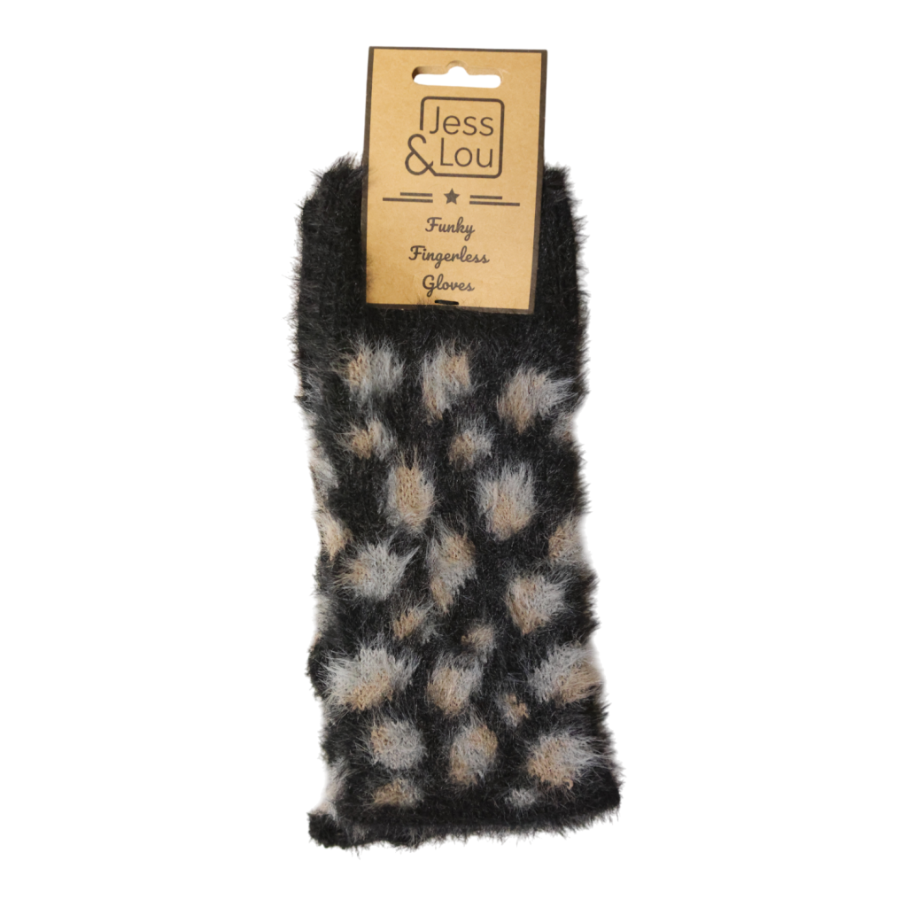 Jess & Lou - Leopard Fluffy Knit Fingerless Gloves