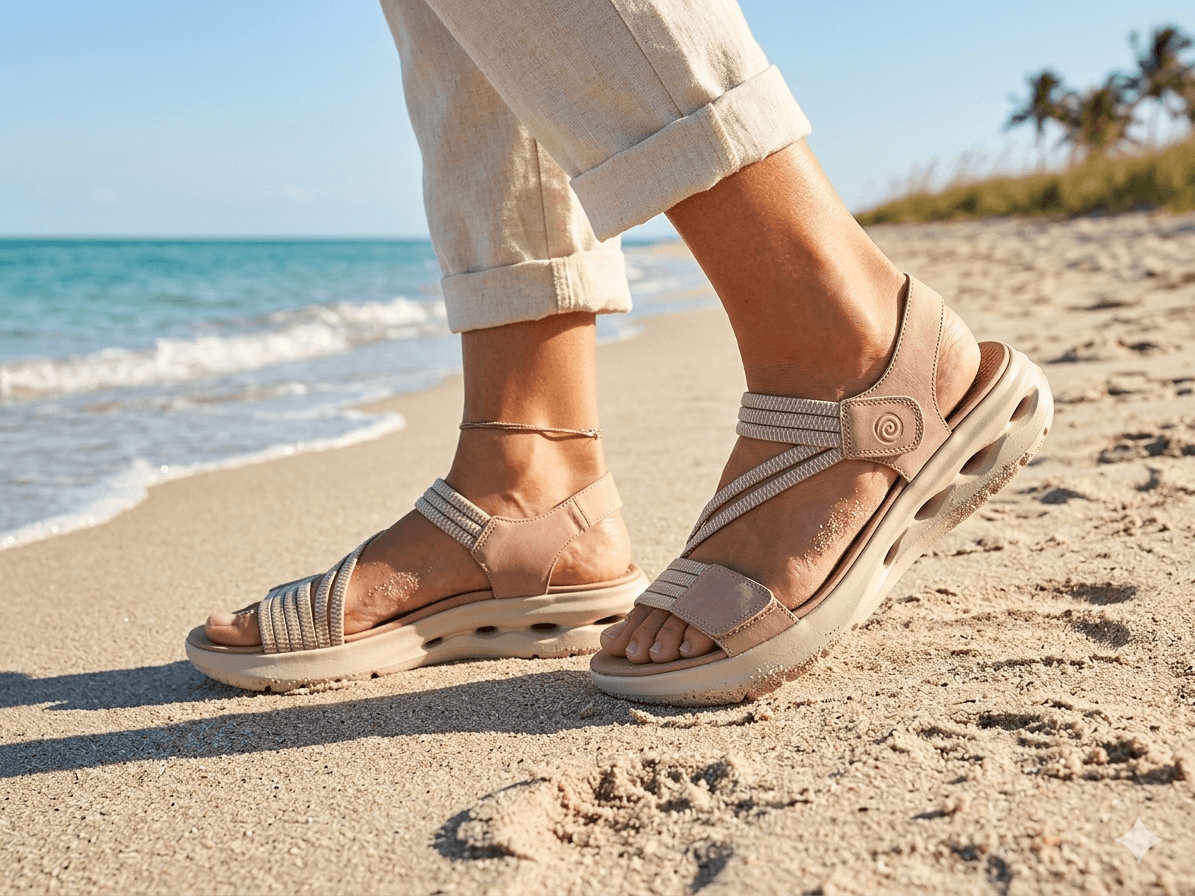Elena - Beige Twin Touch Fastening Elasticated Sandal