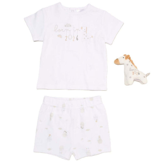Baby unisex Giraffe T-Shirt, Shorts and Plush Toy Set