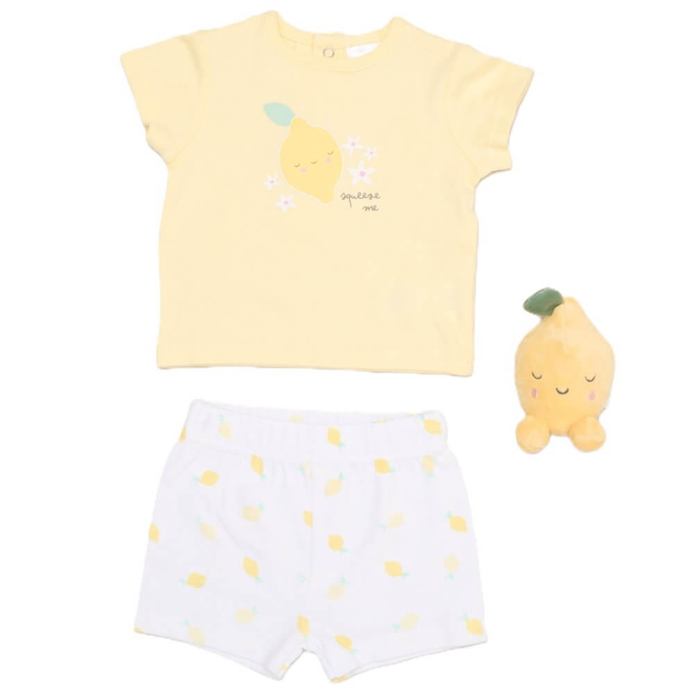 Baby Girls lemon T-Shirt, Shorts and Plush Toy Set