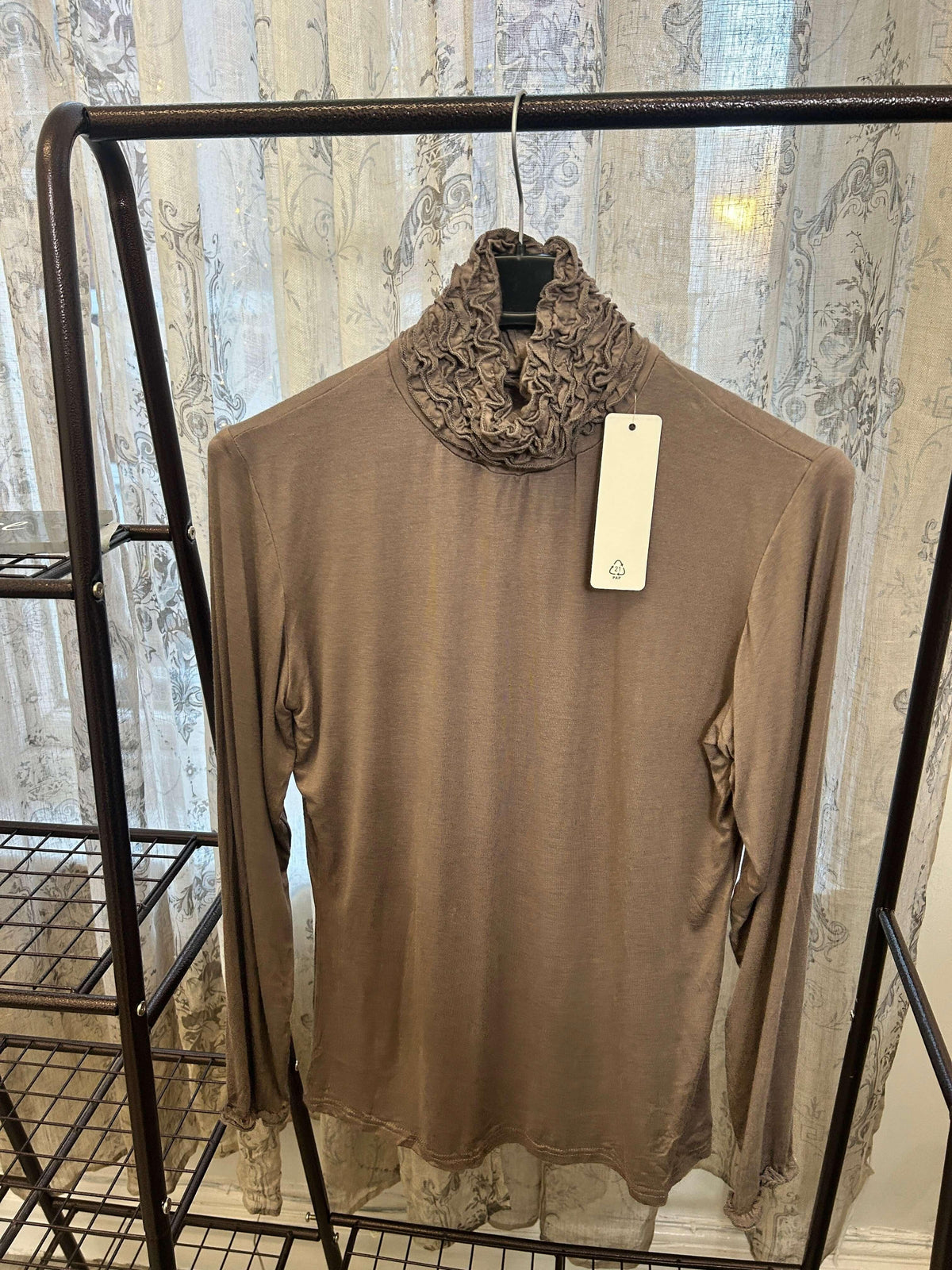Ruffle Polo Neck Long Sleeve Top