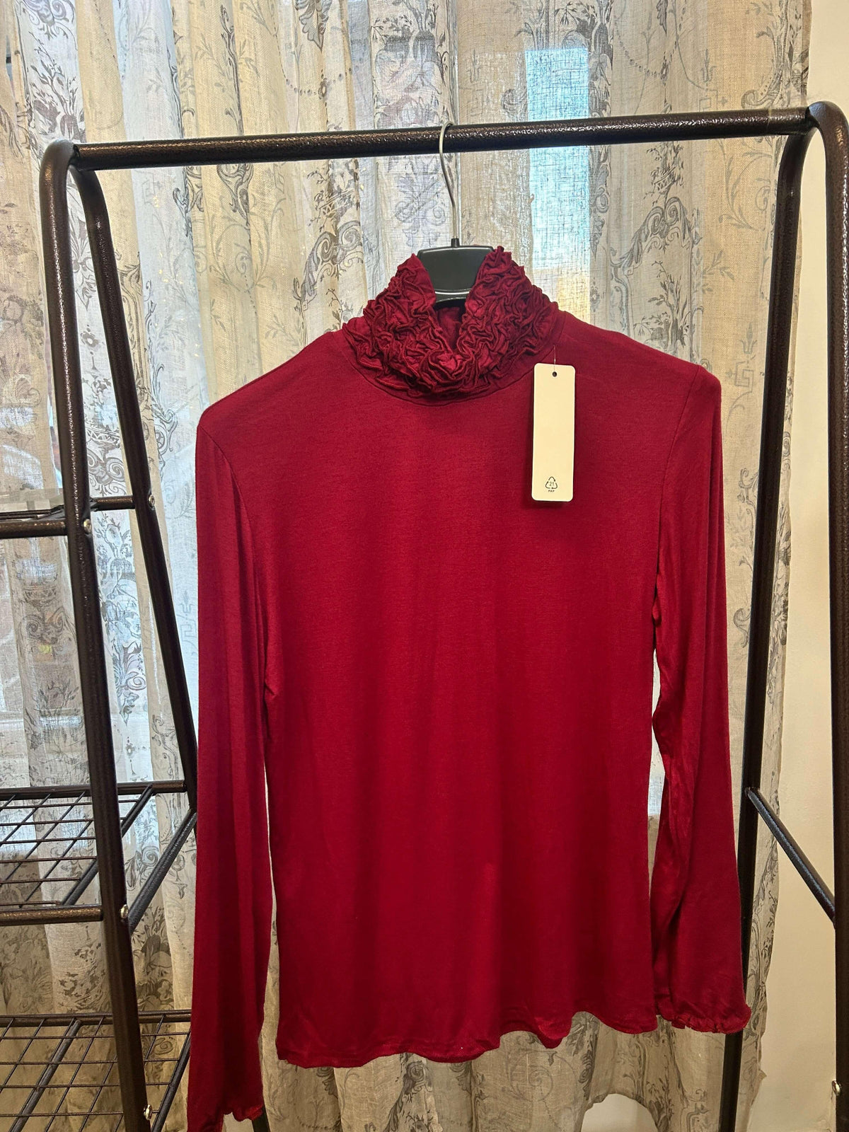 Ruffle Polo Neck Long Sleeve Top