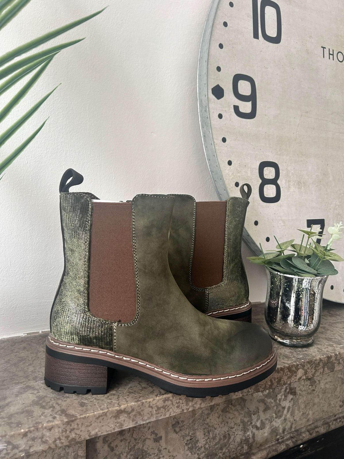 Khaki Faux Suede Metallic Detail Chelsea Boot
