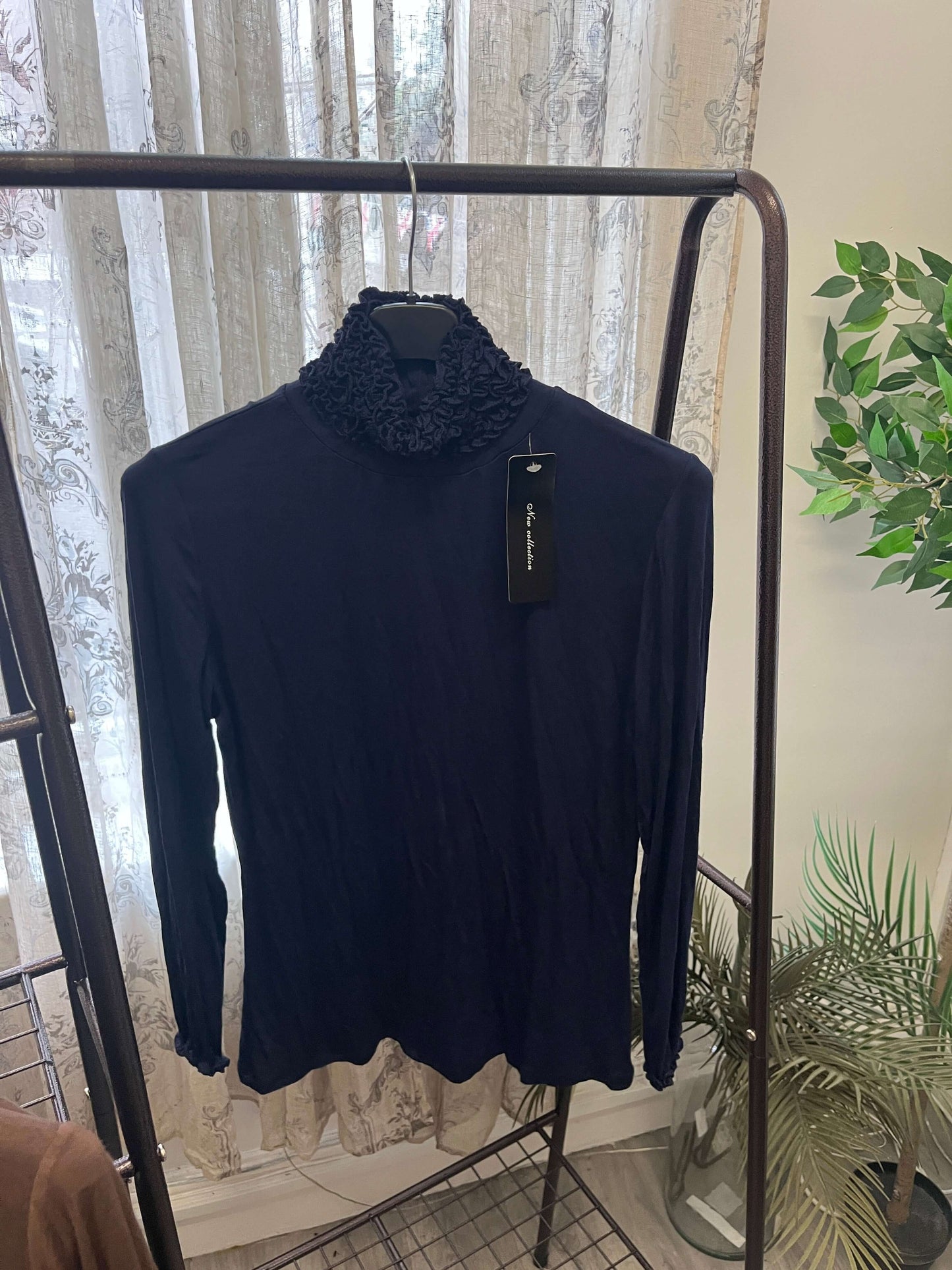 Ruffle Polo Neck Long Sleeve Top