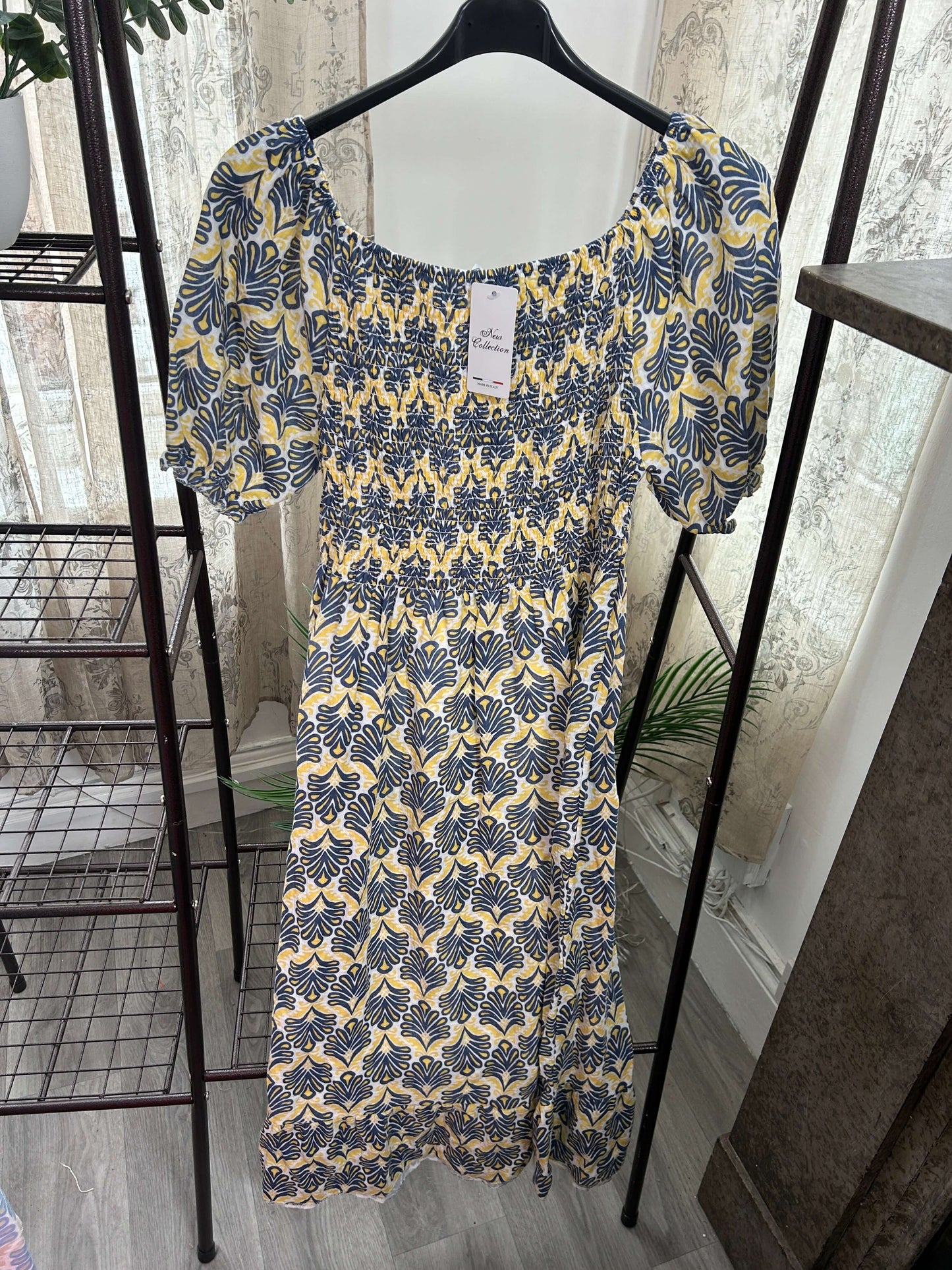 Cheesecloth Filigree Print Shirred Waist Maxi Dress