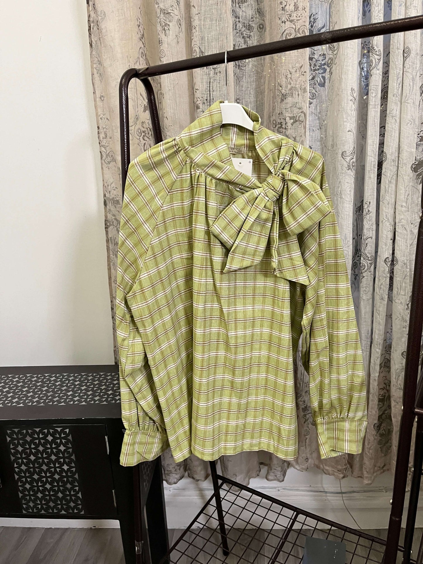 Lagenlook Plaid Tie Neck Blouse