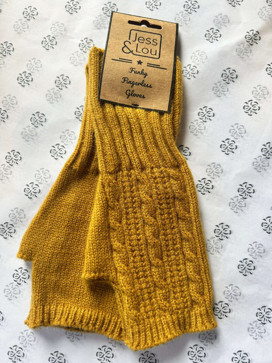 Jess & Lou - Mustard Cosy Cable Knit Fingerless Gloves
