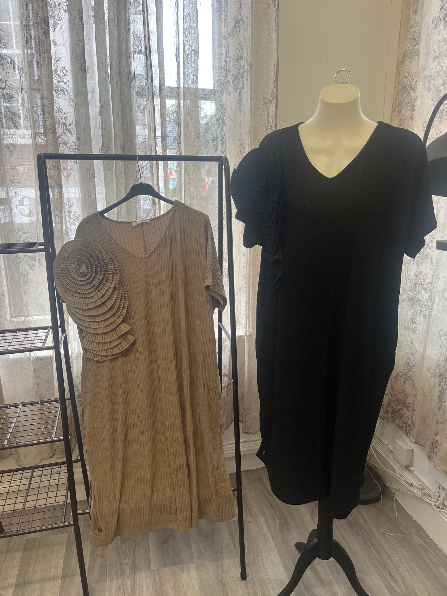 Ripple Jersey V Neck Dress With Flower Applique