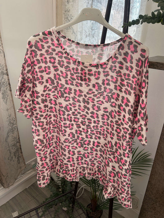 Frill Detail Linen Leopard Print Box Top