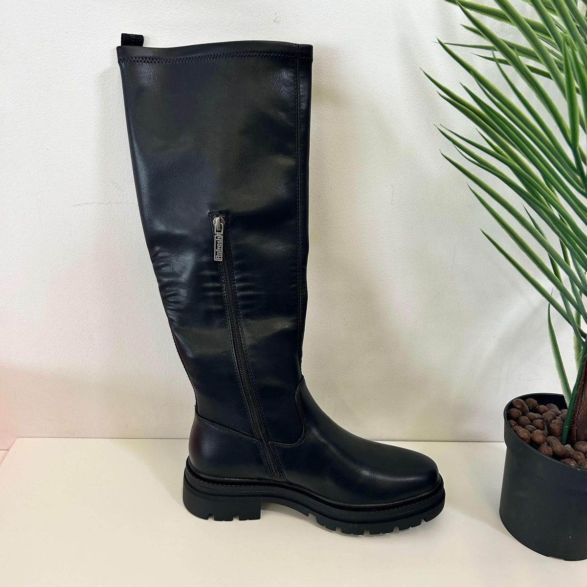 Refresh Chunky Black Leatherette Tall Ladies Boots
