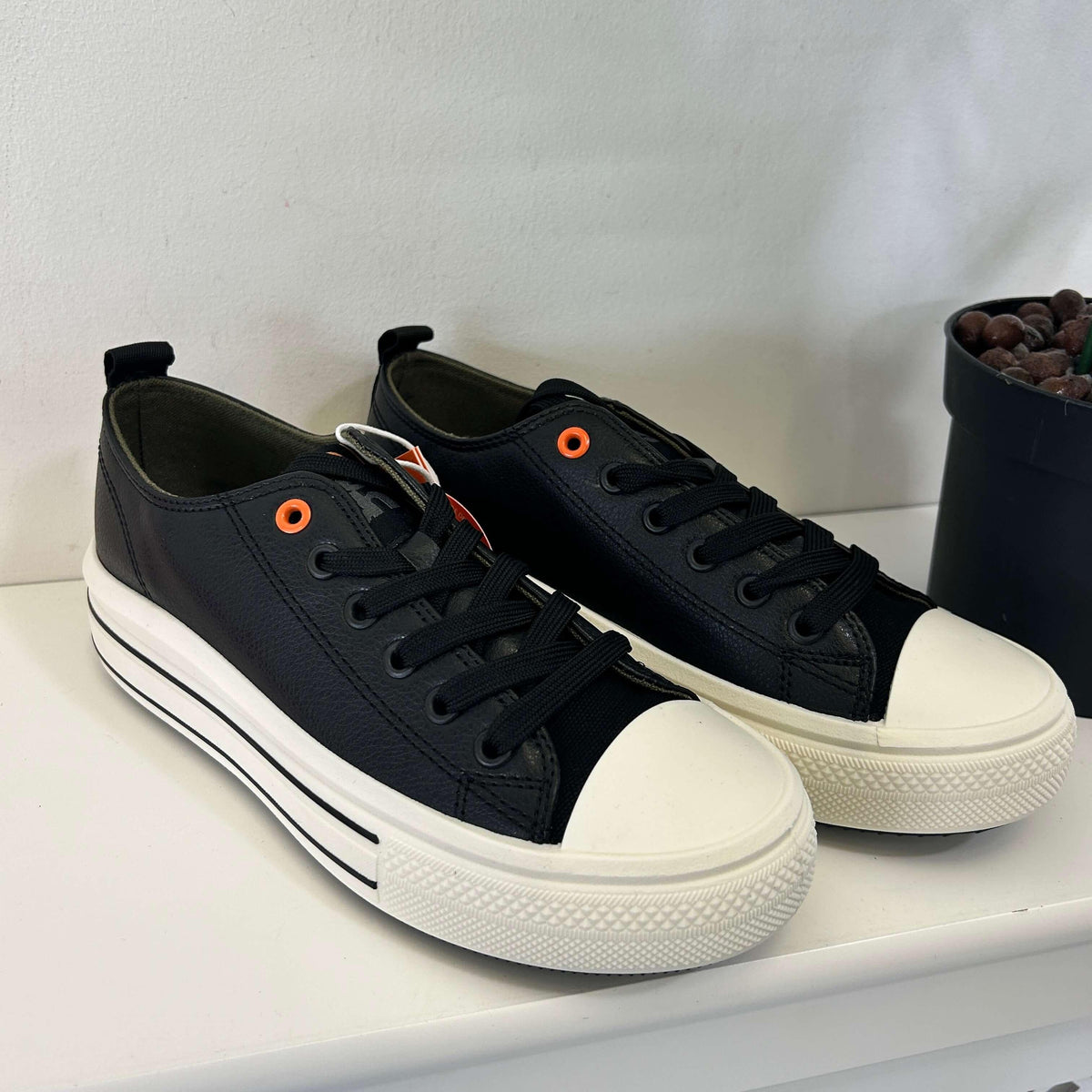 Refresh Black Lace Up Faux Leather Trainers