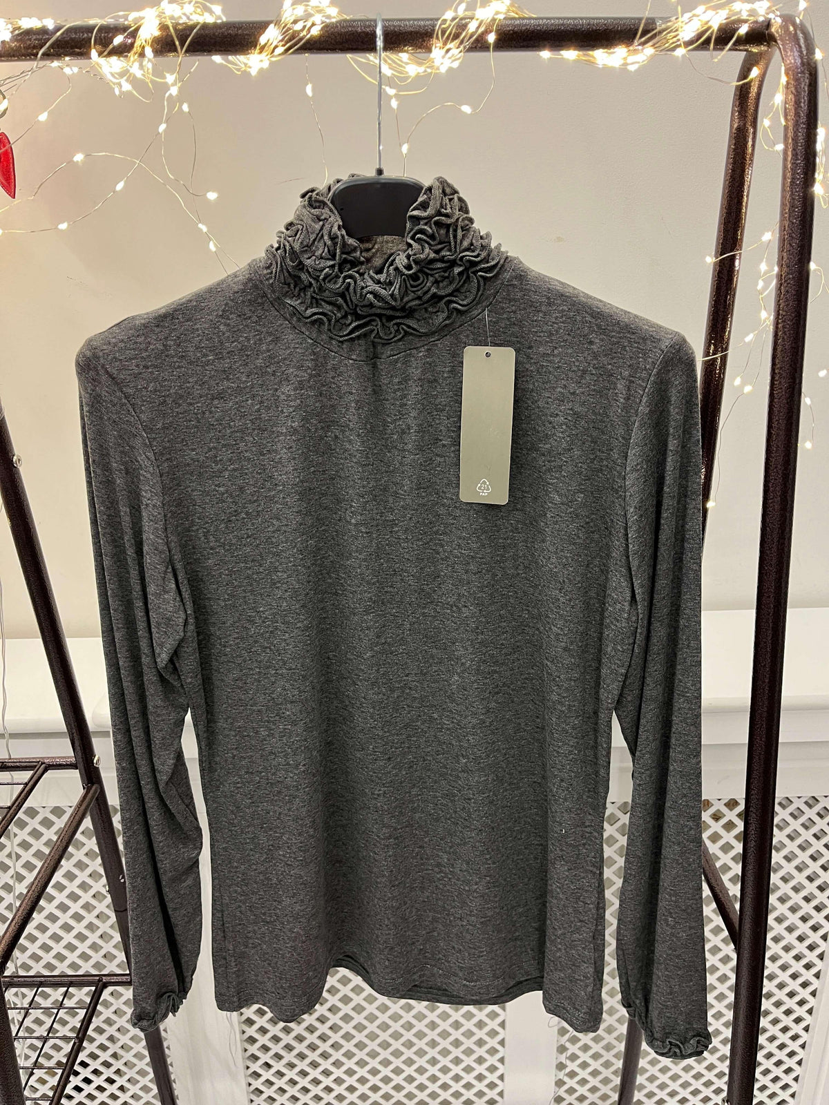 Ruffle Polo Neck Long Sleeve Top