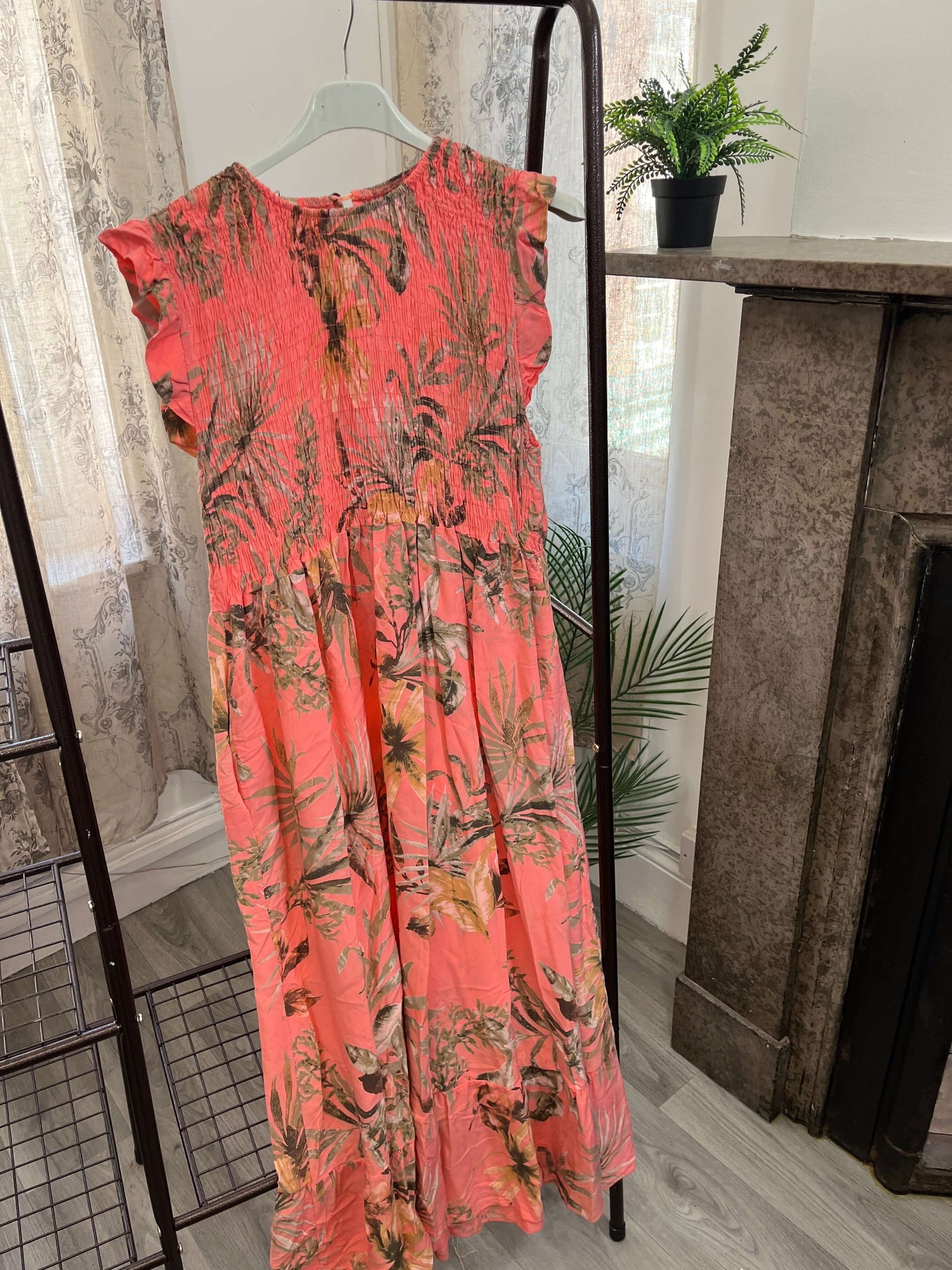 Elasticated Shirred Botanical Midaxi Dress