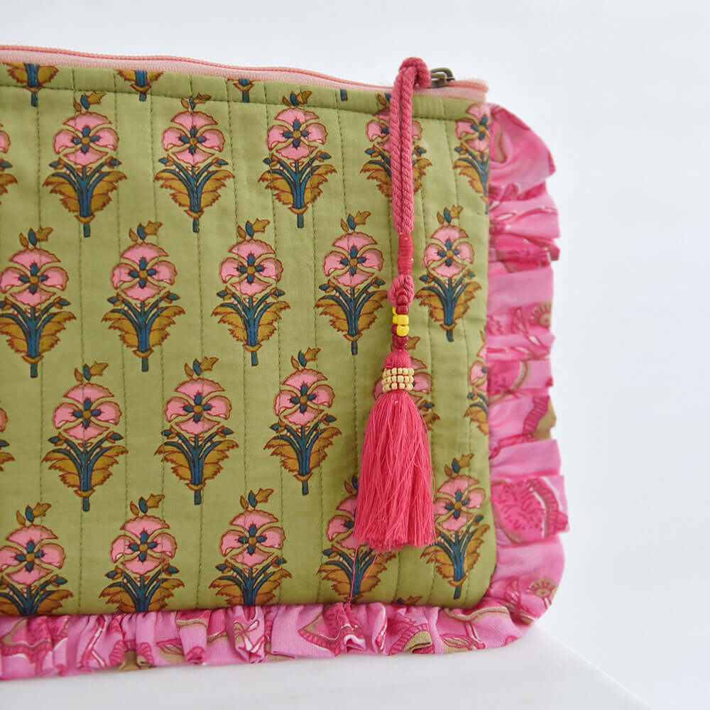 Powellcraft - Green Quilted Make Up Bag With Pink Ruffle Trim
