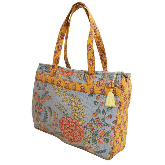 Powellcraft - Grey, Coral and Mustard Quilted Tote Bag With Zip