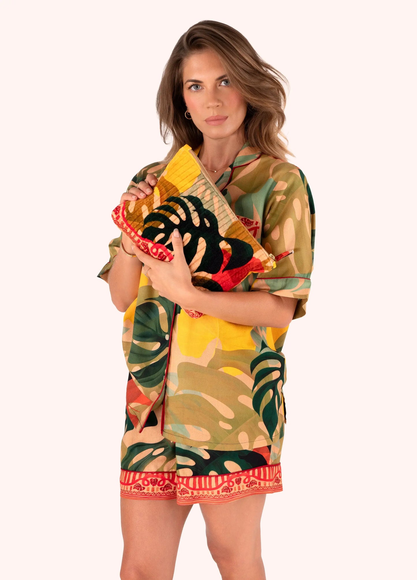 Powder Design Quilted Velvet Zip Pouch - Exotic leaves